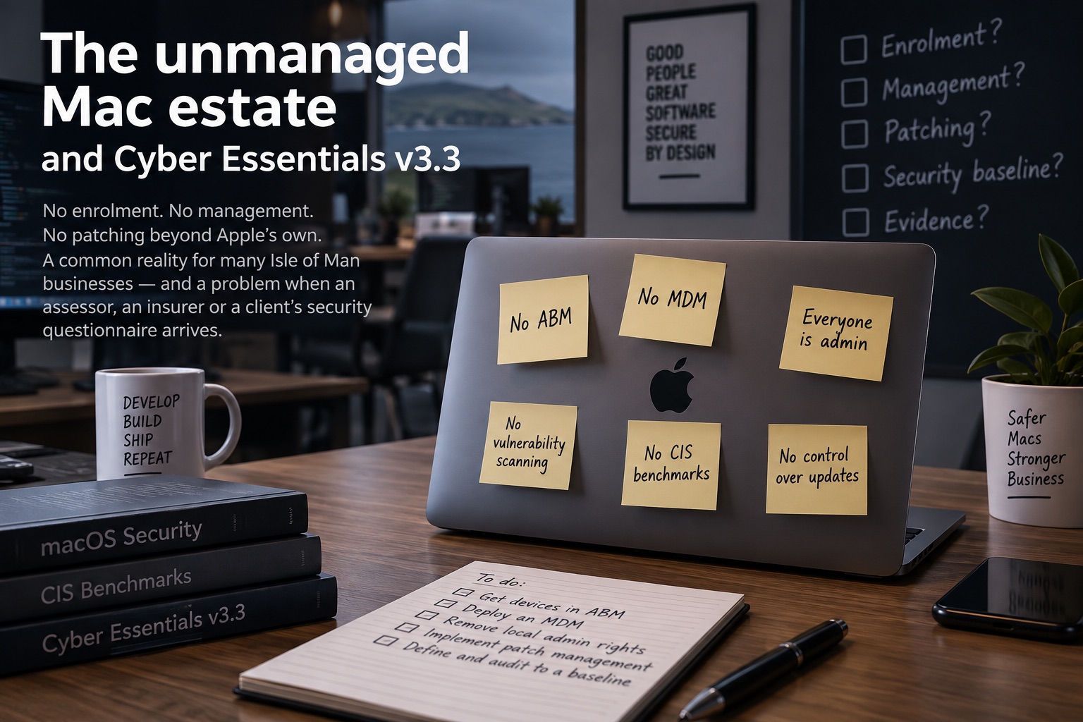 A MacBook on an office desk covered in sticky notes reading No ABM, No MDM, Everyone is admin, No vulnerability scanning, No CIS benchmarks and No control over updates, beside a to-do list and books on macOS Security, CIS Benchmarks and Cyber Essentials v3.3, with a chalkboard behind listing Enrolment, Management, Patching, Security baseline and Evidence.